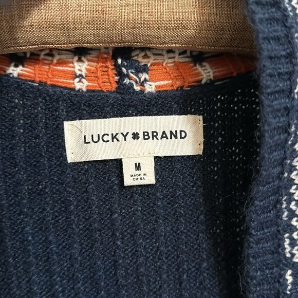Lucky Brand Navy Orange White Gold Aztec Ribbed Knit Open Front Pocket Cardigan - Picture 9 of 12